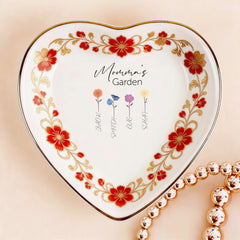 Custom Photo Ceramic Trinket Tray with Elegant Red Floral Vine Border-Mom's garden