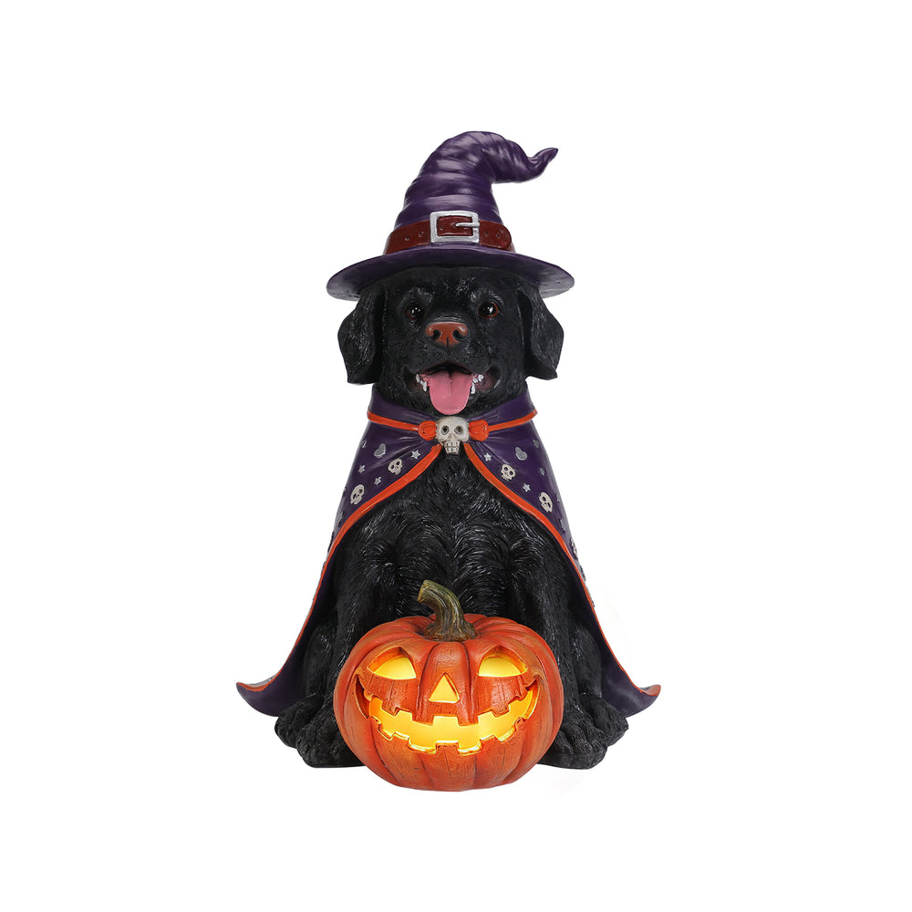 Black labrador witch resin statue on a plain background, side view, showing the sitting pose and the base