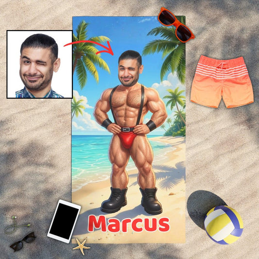 Custom Muscle Beach Towel with Face, Funny Gift for Him, Bachelor Party Gift, Workout Lovers.