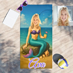 Personalized Mermaid Beach Towel, Custom Face & Name Beach Towel for Her/Girlfriend/Wife,Cute Mermaid Pool Towel, Custom Marine Beach Towel.