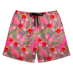 Custom Photo Hawaiian Shorts – Personalized Red Hibiscus & Jungle Leaf Swim Trunks – Unique DIY Aloha Party Beachwear