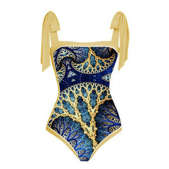 Luxury Blue & Gold Leaf Print Swimsuit with Wrap Skirt
