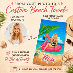 Custom Face Flamingo Beach Towel, Personalized Bachelorette Gift,