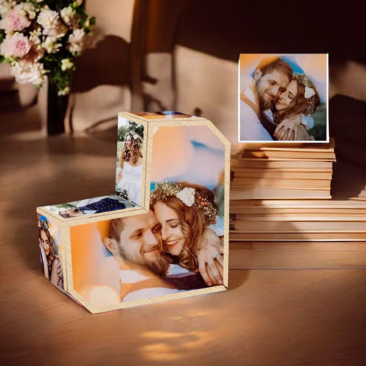 Customized wooden heart-shaped photo cube, personalized photo album with ten photos