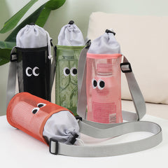 Wire mesh drawstring bag for holding water cups, bottles and thermos cups. Single-shoulder crossbody bag.