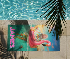 Personalized Funny Flamingo Beach Towel with Custom Face & Name, Pool Towel Vacation Gift.