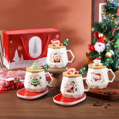 Christmas Mug Gift Set with Warmer - Santa Ceramic Coffee Mug, Wooden Lid & Tree Spoon, Holiday Keepsake Gift Box (4-Piece)
