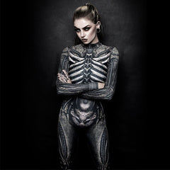 Halloween women's cosplay jumpsuit with human bone print and gothic style for costume party