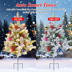 2Pcs Solar Powered Lighted Christmas Tree Urn Filler With Light Artificial Xmas Trees Light with Berries Decor Balls LED Pathway Pine Tree IP44 Waterp