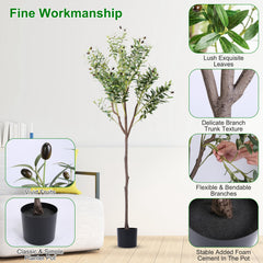 5.9FT Artificial Olive Tree Tall Fake Olive Plant Faux Potted Olive Tree with Lush Olive Branches and Fruits with Black Planter Pot for Modern Home Of