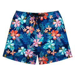 Custom Photo Hawaiian Shorts – Personalized Sunset Orange Floral & Palm Leaf Shorts – Unique DIY Coastal Vacation Swimwear