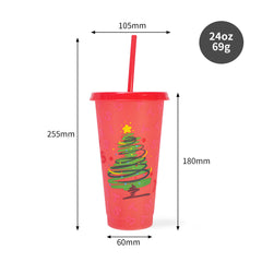 Christmas Color Changing Plastic Tumbler with Lid and Straw, 24oz Reusable Cold Cup, Christmas Tree Pattern Color Change Cup for Holiday Party, Xmas Gift for Family Friends