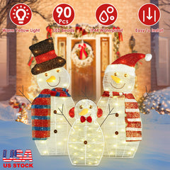 3Pcs 2D Christmas Snowman Yard Decoration Snowman Family Outdoor Decoration With 90Pcs LED Warm Yellow Lights 8 Lighting Modes IP44 Waterproof For Chr