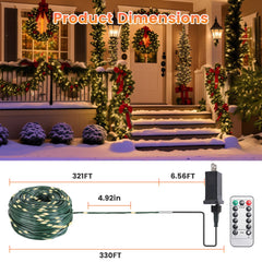 330FT 1000LED String Lights Outdoor Christmas Decoration Lights with Remote IP44 Waterproof 8 Lighting Modes 8 Brightness Timer Plug In Fairy Light Xm