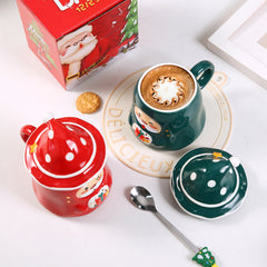 Santa Claus mug gift set - Includes a Christmas hat lid and tree-shaped spoon, with a gift box with a bag (3-piece set)