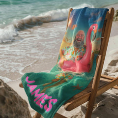Personalized Funny Flamingo Beach Towel with Custom Face & Name, Pool Towel Vacation Gift.