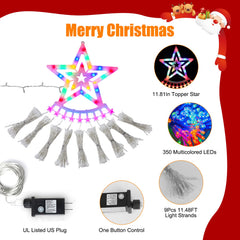 11.48FT 350LED Multicolored Christmas Star Waterfall Tree String Light Indoor Outdoor Waterproof String Lights With Star Topper 8 Light Modes Memory F