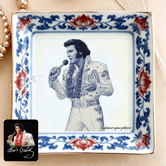 Custom Vintage Portrait Jewelry Dish - Personalized Photo Ceramic Tray with Blue and Red Floral Chinoiserie Border