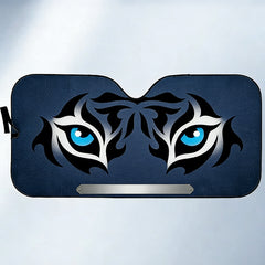 Personalized Tribal Blue-Eyed Tiger Car Sunshade - Custom Family Name Denim Blue Texture Background