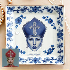 Custom Blue Willow Style Jewelry Dish - Personalized Photo Ceramic Trinket Tray with Elegant Blue Floral Border