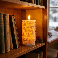 Christmas Embossed LED Flameless Candle, Flickering Realistic Flame, Snowflake Reindeer Tree Pattern, Battery Operated Pillar Candle for Xmas Home Table Decor, Holiday Gift
