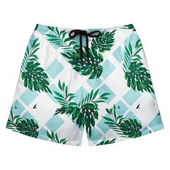White & Aqua Diamond Pattern Monstera Leaf Board Shorts