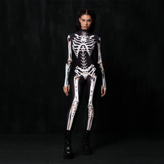 Glow-in-the-dark skeleton bodysuit, Halloween UV fluorescent skeleton cosplay outfit, stretchy long-sleeve leotard, electronic music party costume