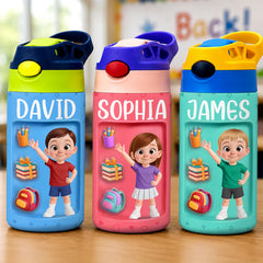 Customized student insulated water bottle 20 oz - An individualized school gift for children - School bag, textbooks, pencils printed on it
