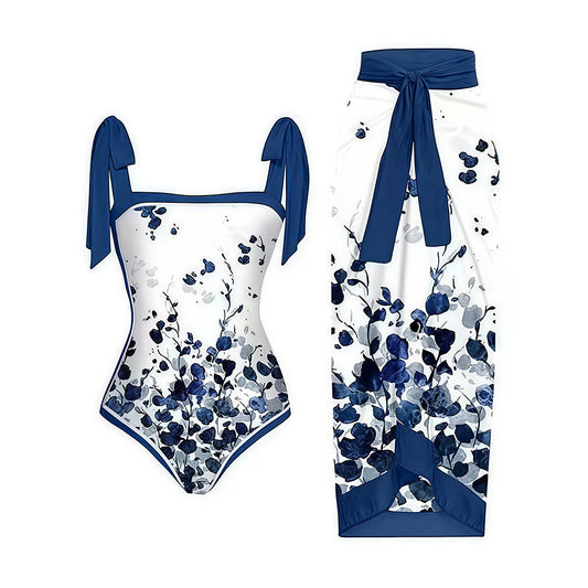 Watercolor Indigo Floral Print Bow Strap Swimsuit with Wrap Skirt
