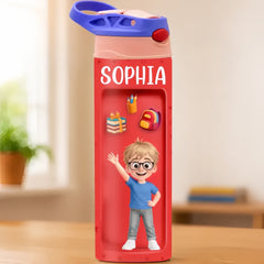 Customized student insulated water bottle 20 oz - An individualized school gift for children - School bag, textbooks, pencils printed on it