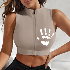 Custom Hand Print Front Zip Sleeveless Crop Top, Women Stand Collar Handprint Graphic Workout Tank Top, Customizable Logo Gym Vest