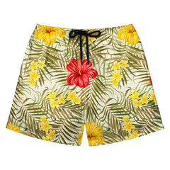 Cream Background Hibiscus & Plumeria Print Beach Shorts
