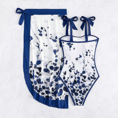 Watercolor Indigo Floral Print Bow Strap Swimsuit with Wrap Skirt