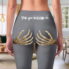 Edgy Skeleton Hand Print Black Leggings - "This Ass Belongs To" Gothic Graphic Yoga Pants - Spooky Season Streetwear