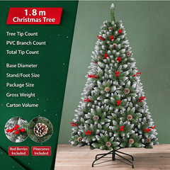 1.5M / 1.8M Flocked Christmas Tree with Pinecones & Red Berries, Snowy Artificial Christmas Tree for Home Holiday Decor