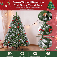 1.5M / 1.8M Flocked Christmas Tree with Pinecones & Red Berries, Snowy Artificial Christmas Tree for Home Holiday Decor