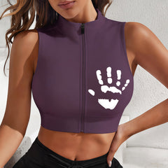 Custom Hand Print Front Zip Sleeveless Crop Top, Women Stand Collar Handprint Graphic Workout Tank Top, Customizable Logo Gym Vest
