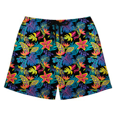 Neon Tropical Floral Print Black Board Shorts