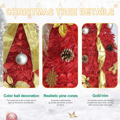6FT Red PreLit Pop-Up Christmas Tree With 150 Warm White LED Ribbons Bow Flowers Snowflakes Pine Cones Red Ornaments Collapsible Artificial Christmas Tree IP44 Waterproof Indoor Holiday Decor OLFC0109