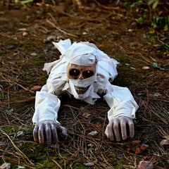 Halloween crawling mummy, an interactive prop with red glowing eyes and terrifying sounds, suitable for outdoor courtyard haunted house decoration