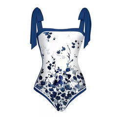 Watercolor Indigo Floral Print Bow Strap Swimsuit with Wrap Skirt