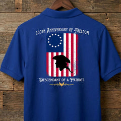 Custom Descendant of a Patriot Polo Shirt, 250th Anniversary of Freedom 1776 Men's Back Print Tee