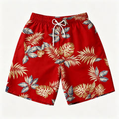 Red Background Tropical Monstera & Palm Leaf Aloha Swim Shorts