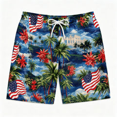 American Flag Palm Tree Coastal Hawaiian Swim Trunks