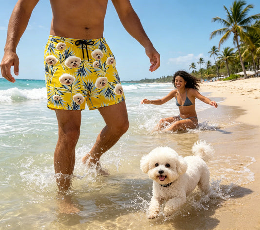 Yellow Hawaiian Board Shorts with Blue Palm Leaf Print