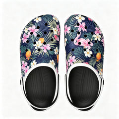 White Tropical Hibiscus Palm Leaf Pattern Classic Comfort Clogs Outdoor Water Shoes