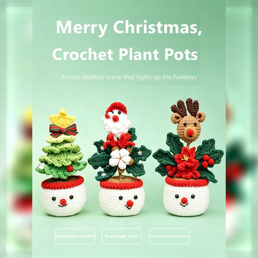 Hand Crochet Christmas Potted Ornaments, Cute Knitted Santa, Reindeer & Christmas Tree Tabletop Decor, Handmade Wool Figurine for Xmas Desktop Decoration, Holiday Gift