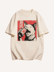Vintage Japanese Drinking Cat Graphic T-Shirt