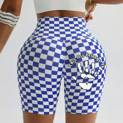 Personalized Custom Name This Ass Belongs To Handprint Biker Shorts, Custom Print Checkered High Waist Yoga Shorts