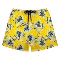 Yellow Hawaiian Board Shorts with Blue Palm Leaf Print